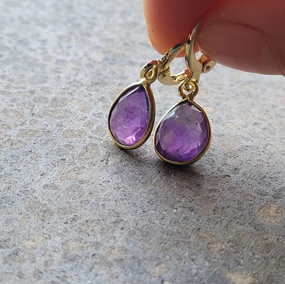 18k Gold Plated Amythest Teardrop Earrings - Picture 4 of 6